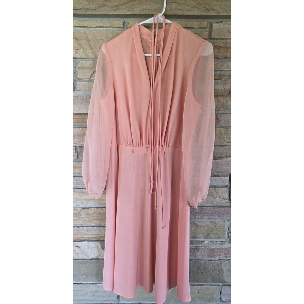 Vintage Womens Peach Chiffon Dress  Sheer Sleeve Tie Neck Fit Flare Midi 80s-90s